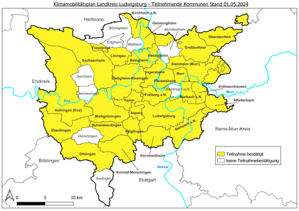 Karte der am KMP teilnehmenden Kommunen Eine farbige Karte des Landkreises Ludwigsburg zeigt kommunale Teilnahmen am Klimamobilitätsplan. Bereiche mit bestätigter Teilnahme sind gelb markiert, während nicht teilnehmende Kommunen nicht eingefärbt sind. Flüsse und einige Städte sind ebenfalls dargestellt.