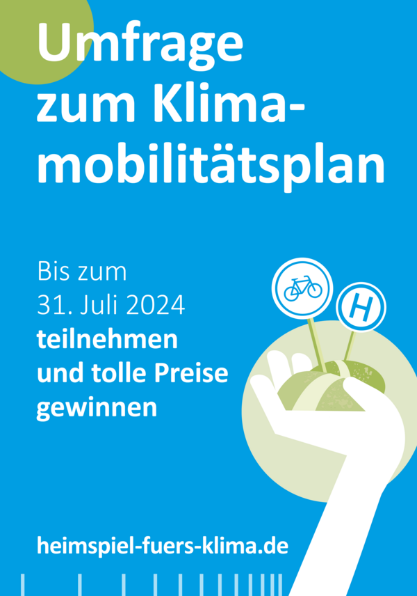Umfrage KMP Shareable Eine Grafik zur vergangenen Umfrage zum Klimamobilitätsplan. Der Hintergrund ist türkisblau, es ist eine stilisierte Hand zu sehen, die ein Stück Land mit Verkehrsschildern darin hält. Der Stil ist modern und verspielt.