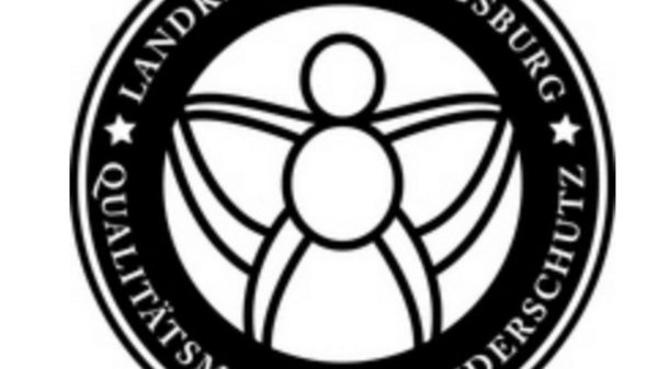 Das Bild zeigt ein rundes Logo mit dem Text „Landkreis Ludwigsburg“ und „Qualitätsmerkmal Kinderschutz“. In der Mitte ist eine stilisierte Darstellung einer Figur mit ausgebreitetem Umriss, die symbolisch für Kinderschutz steht.