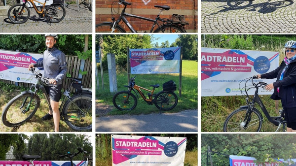Das Bild zeigt eine Collage aus mehreren Fotos von Fahrrädern, die an verschiedenen Orten mit Bannern für die Aktion "Stadtradeln" aufgenommen wurden. Die Fahrräder sind in unterschiedlichen Positionen zu sehen, umweltfreundliche Mobilität und die Teilnahme an der Veranstaltung zu fördern.