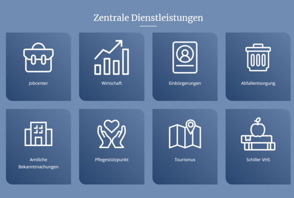 Zentrale Dienstleistungen mit acht Symbolen: Jobcenter, Wirtschaft, Einbürgerungen, Abfallentsorgung, amtliche Bekanntmachungen, Pflegestützpunkt, Tourismus und Schiller VHS, angeordnet in einem zweireihigen Raster auf blauem Hintergrund.