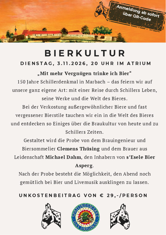 Das Plakat zeigt am oberen Rand den Hohen Asperg und einen kleinen Esel. Dann folgt die Beschreibung des Biertastings und der Termin am 3. November 2026, um 20 Uhr im Atrium des Landkreises Ludwigsburg. Anschließend folgt das Logo der Brauerei und das Spätlingsmarktlogo. 