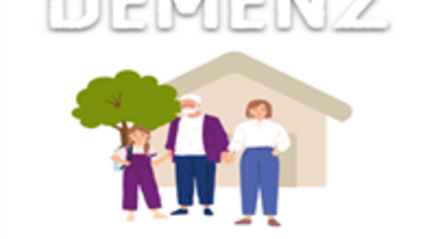 Das Bild zeigt eine Gruppe von drei Menschen: ein Kind, einen älteren Mann und eine Frau, die Hand in Hand stehen. Im Hintergrund ist ein einfaches Haus und ein Baum zu sehen. Darunter steht der Text „Demenz - Gemeinsam, mutig, leben“.