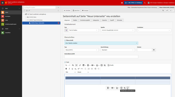 Die Abbildung zeigt ein Interface zur Erstellung einer neuen Unterseite. Auf der linken Seite befinden sich Navigationsoptionen, während das Hauptfeld Eingabefelder für Titel, Text und andere Einstellungen anzeigt. Es sind auch Formatierungswerkzeuge sichtbar.