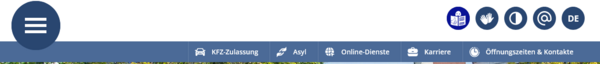 Das Bild zeigt eine Navigationsleiste einer Website mit verschiedenen Menüpunkten wie "KFZ Zulassung", "Asyl", "Online-Dienste", "Karriere" und "Öffnungszeiten & Kontakte". Die Farbgestaltung ist in Blau und Weiß gehalten.