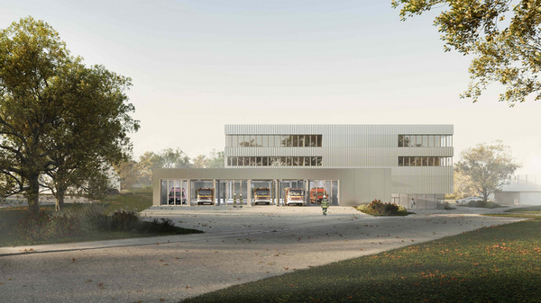 Eine moderne, zweigeschossige Gebäudeansicht mit großen Fenstern und einer klaren, minimalistischen Fassade. Im Vordergrund führt ein Weg zum Eingang, während Bäume und eine grüne Rasenfläche die Umgebung prägen. Das Gesamtbild vermittelt einen harmonischen und einladenden Eindruck.