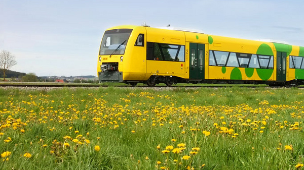 A brightly colored yellow and green train is traveling along a track surrounded by lush grass and blooming dandelions, under a cloudy sky. The train features large windows and a modern design, emphasizing its vibrant colors in the natural landscape.