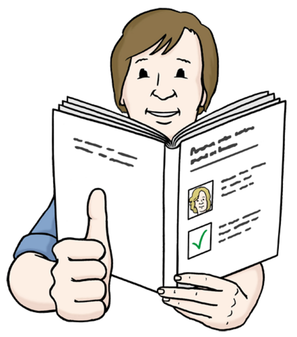 A smiling person holds an open book with one hand and shows a thumbs-up with the other. The book has text and a checkmark, suggesting approval or satisfaction with the content.
