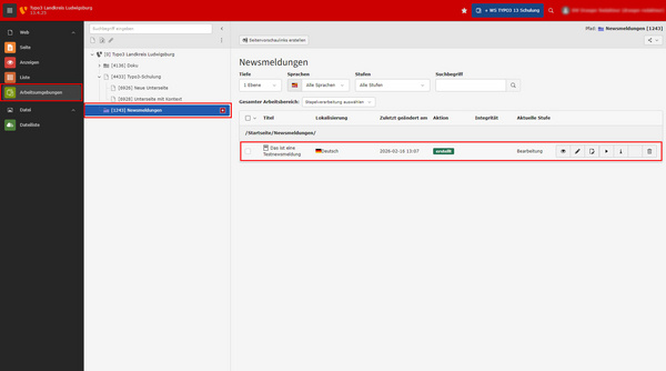 The image displays a website interface for a news system, featuring a navigation menu with various sections. The main content area highlights recent announcements, including one related to the Regional Association of Blind Controllers and Artists. Options for filtering and managing announcements are present.