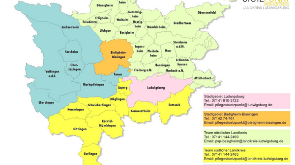 Map indicating the responsibilities of care support points in the Ludwigsburg district. Regions are color-coded, with key cities labeled. Contact information for care teams is provided at the bottom for Stadtgebiet Ludwigsburg, Stadtgebiet Bietigheim-Bissingen, and Team Stadtteil Landes.