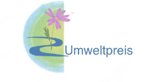Logo für den Umweltpreis. Es zeigt einen geschwungenen Fluss, grüne Elemente und eine lila Blume. Der Text „Umweltpreis“ ist deutlich sichtbar.