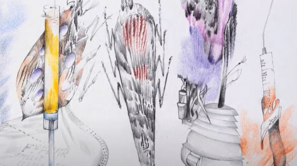 The image features a series of abstract illustrations resembling medical syringes and apparatuses. Each element is outlined in pencil and accented with colorful shading, suggesting themes of health and science. The composition blends realistic forms with imaginative interpretations, creating a visually intriguing arrangement.