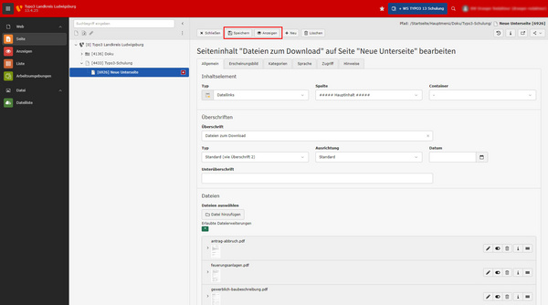 Screenshot einer Benutzeroberfläche mit verschiedenen Menüoptionen. Auf der linken Seite befinden sich Navigationspunkte, im Hauptbereich sind Optionen zum Speichern und Anzeigen von Dateien sowie eine Sortierfunktion sichtbar. Die Darstellung wirkt sachlich und funktional, geeignet für eine Verwaltungsanwendung.