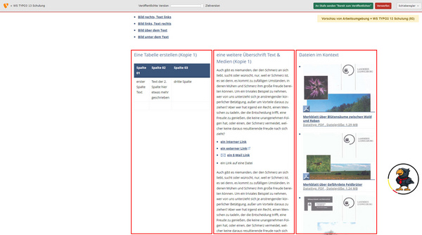 Eine Webseite zeigt eine Anleitung zur Erstellung von Tabellen. Links sind Auswahlmöglichkeiten für Spalten und deren Eigenschaften dargestellt. Rechts gibt es zusätzliche Inhalte mit Links zu verwandten Themen und Kontextinformationen. Das Layout sensibilisiert zur einfachen Navigation und Informationsaufnahme.