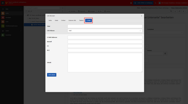 Ein Fenster des Link Browsers in einem Content-Management-System zeigt Eingabefelder für Titel, CSS-Klasse und E-Mail-Adresse. Der Titelbereich enthält den Text „Verweis zur Seite xxxxx in einem neuen Fenster“. Das Design ist einfach und funktional, mit einer dunklen Hintergrundfarbe.