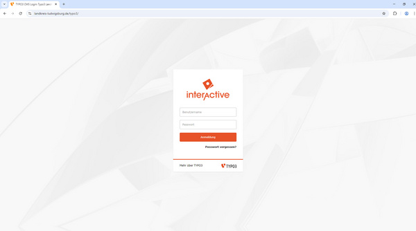 A login interface for TYPO3 with fields for username and password, and a button labeled "Anmeldung." There is a warning message for editors advising not to work on the project yet and mentioning issues with access and adjustments.
