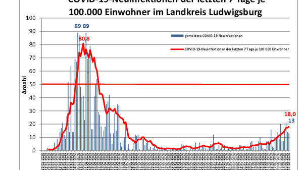 Teaserbild für A total of 13 confirmed new COVID-19 infections in the Ludwigsburg district since yesterday