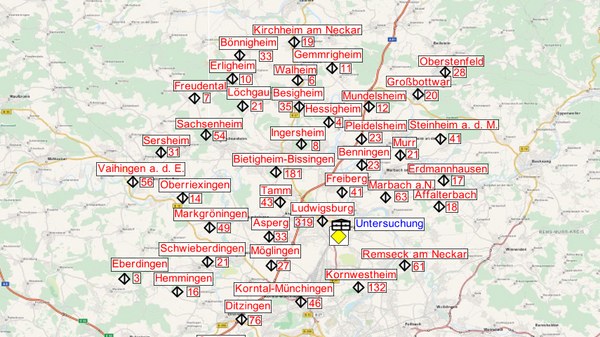 A map highlighting various locations in a central area, marked with red labels indicating names of towns or landmarks. The center features the label "Literaturforschung," indicating a focus point related to literary research. The surrounding landscape includes roads and a light green background.