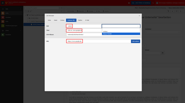 Ein Bildschirmfoto eines Link-Browsers in einem Content-Management-System. Es enthält Eingabefelder für Zielseite, Titel, CSS-Klasse und URL sowie Schaltflächen zur Verwaltung von Links. Die Benutzeroberfläche zeigt Optionen zum Hinzufügen von Links zu einer Webseite.