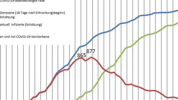 This graph illustrates the development of COVID-19 case numbers in the Ludwigsburg district over time. It shows the total cases (blue), recovered cases (green), current infections (red), and deaths (black) across various dates, highlighting trends and peaks in reported data.