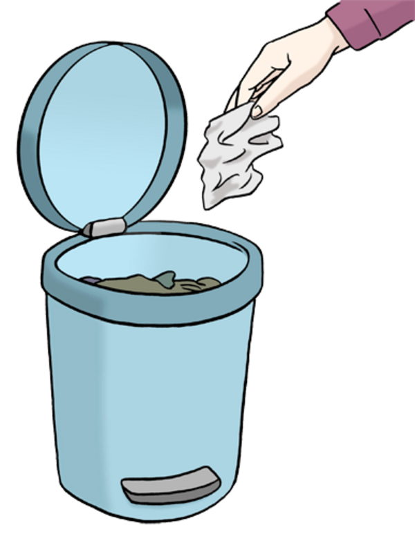 Eine Hand wirft ein zerknülltes Stück Papier in einen offenen Müllbehälter. Der Müllbehälter ist blau und enthält bereits einige Gegenstände. Ziel der Handlung ist die Entsorgung von Abfall.