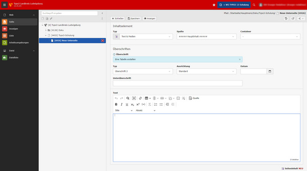 Screenshot einer Benutzeroberfläche mit einem Formular zur Erstellung von Inhalten. Es sind verschiedene Felder zu sehen, darunter Titel, Beschreibung, und Textbereich. Die Benutzeroberfläche enthält auch ein Menü auf der linken Seite und eine rote Navigationsleiste oben.