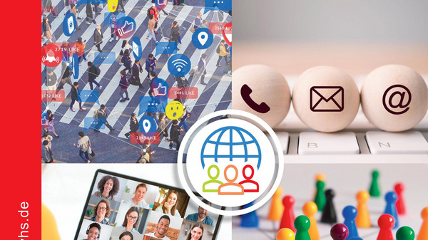 A program brochure for Schiller Volkshochschule features various images related to networking and online learning. It includes icons of communication, people in a virtual meeting, and colorful game pieces, emphasizing the theme "VERNETZT" (networked) for activities from January to September 2023.