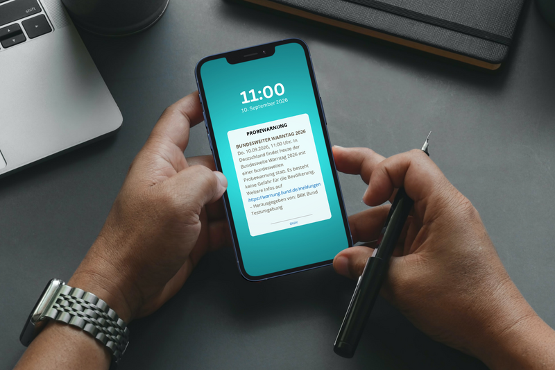 Eine Person hält ein Smartphone in der Hand, auf dem der Bildschirm eine Nachricht mit der Uhrzeit 11:00 und dem Datum 26. September 2023 zeigt. Neben der Person liegt ein Notebook und ein Kugelschreiber. (Text KI generiert)