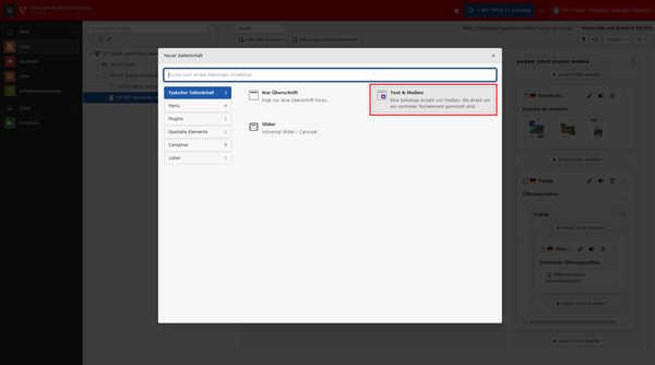Die Darstellung zeigt eine Benutzeroberfläche zur Erstellung von neuen Inhaltelementen. Elemente wie „Überschrift“, „Text & Medien“ und „Details“ sind aufgeführt, mit einer Auswahlmöglichkeit für die Art des Inhalts, der erstellt werden soll.