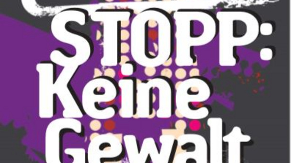 Poster promoting awareness against violence, featuring the message "STOP: No Violence." The design includes visual elements like a house silhouette and handprints, emphasizing the call to recognize and take action against violence. The text encourages collective efforts to address the issue.