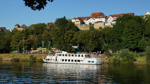 A white boat sails on a calm river, with green trees lining the banks. In the background, colorful buildings and a hill are visible, indicating a picturesque riverside town. The scene is set on a clear, sunny day.