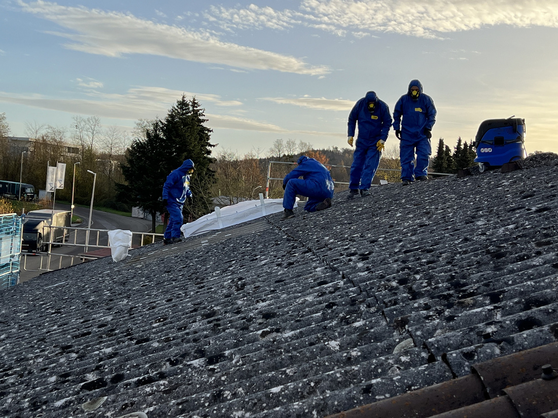 Arbeiter in blauen Overalls sind auf einem schrägen Dach beschäftigt. Sie führen Reparaturen durch und verwenden dabei verschiedene Werkzeuge. Im Hintergrund sind Bäume und ein Parkplatz sichtbar. (Text KI generiert)