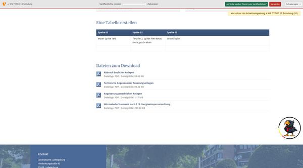 Die Abbildung zeigt eine Benutzeroberfläche mit der Option, eine Tabelle zu erstellen und Dateien zum Download anzubieten. Es sind Links zu Dokumenten wie „Technische Anleitung“ und „Aufgaben zur persönlichen Ausbildung“ aufgeführt.