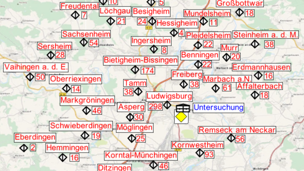 Map of the region surrounding the city of Ulm, Germany, featuring various marked locations, including towns and cities. The map provides a visual overview of the area's layout and geographic relationships. Navigation features are indicated in the corner.