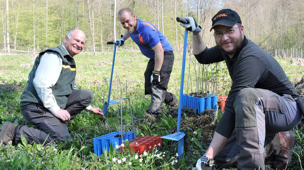 Three people are kneeling in a grassy field, engaged in planting activities. They hold tools and are surrounded by prepared planting containers in blue and red. The background features trees and natural greenery, indicating a community or environmental volunteering effort.