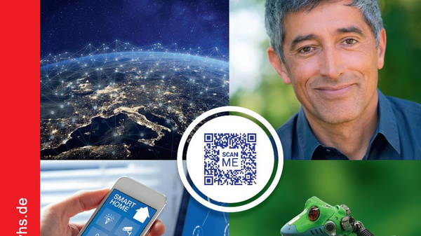 The image is a promotional brochure for the Schiller Volkshochschule, featuring a smiling man on one side and a visual of digital technology and artificial intelligence on the other. It includes a QR code and emphasizes the focus on digitalization and AI. The date range is January to September 2020.