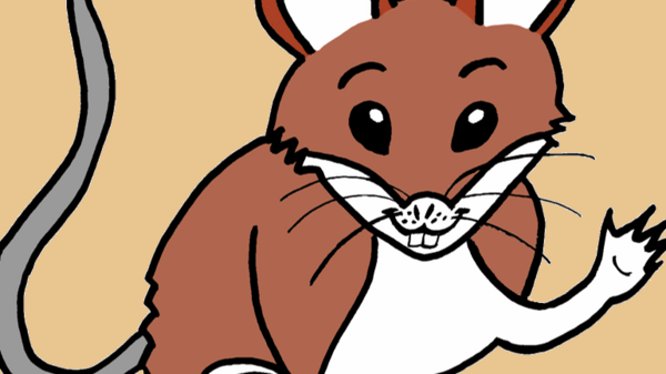 Eine cartoonartige Maus mit braunem und weißem Fell sitzt aufrecht. Sie hat große, runde Ohren und lächelt freundlich, während sie mit einer Pfote winkt. Der Hintergrund ist ein einfarbiges Beige.