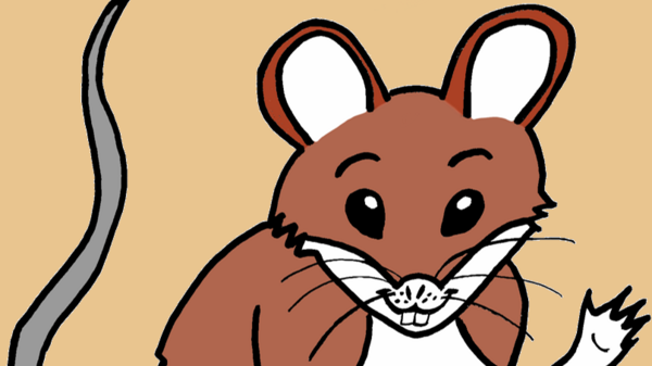 A cartoon depiction of a friendly mouse with brown fur and a white belly, sitting on its hind legs and waving one paw. Its large ears and expressive eyes give it a cheerful appearance against a light beige background.