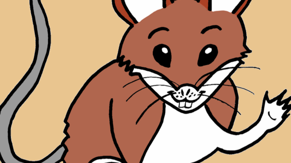 Eine cartoonartige Maus mit braunem und weißem Fell sitzt aufrecht. Sie hat große, runde Ohren und lächelt freundlich, während sie mit einer Pfote winkt. Der Hintergrund ist ein einfarbiges Beige.