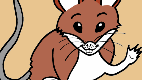 Eine cartoonartige Maus mit braunem und weißem Fell sitzt aufrecht. Sie hat große, runde Ohren und lächelt freundlich, während sie mit einer Pfote winkt. Der Hintergrund ist ein einfarbiges Beige.
