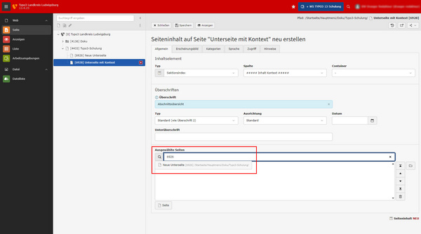 Das Bild zeigt eine Benutzeroberfläche einer Software zur Verwaltung von Webseiteninhalten. Auf der linken Seite sind verschiedene Kategorien und Unterseiten aufgelistet. Im Hauptbereich wird die Inhaltsübersicht „Überblick“ mit einem markierten Link zur Seite „2202“ angezeigt.