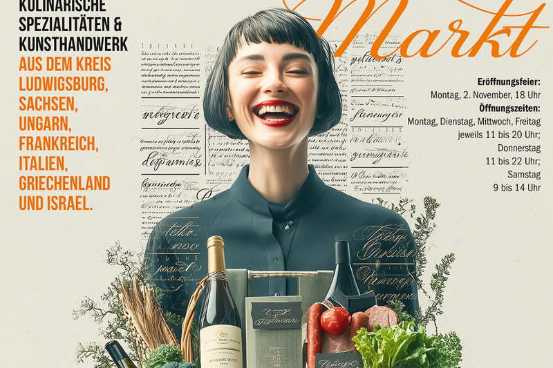 Ein fröhliches Mädchen mit kurzen, dunklen Haaren lächelt und steht vor einem Korb mit frischem Gemüse, Obst, Brot und Wein. Im Hintergrund sind dekorative Schriftzüge und Informationen zu einem Markt mit kulinarischen Spezialitäten aus verschiedenen Regionen. (Text KI generiert)