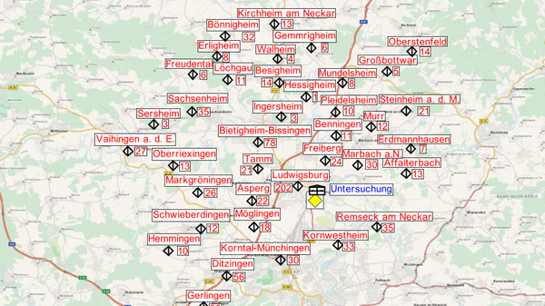 A detailed map displaying various locations in a central region. Town names and points of interest are marked, indicating their placements. Major roads and geographic features are present, providing context for navigation and exploration within the area.