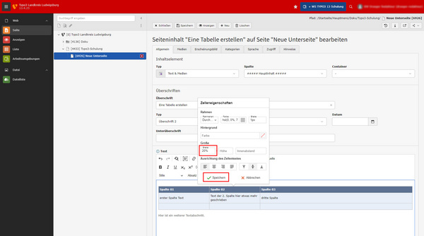 Ein Screenshot einer Benutzeroberfläche zum Bearbeiten von Inhalten. Es zeigt eine Tabelle mit verschiedenen Eingabefeldern, darunter Titel, Typ und Optionen zur Auswahl. Ein hervorgehobenes Feld enthält den Text "Bitte". Ein Button zum Bestätigen ist ebenfalls sichtbar.