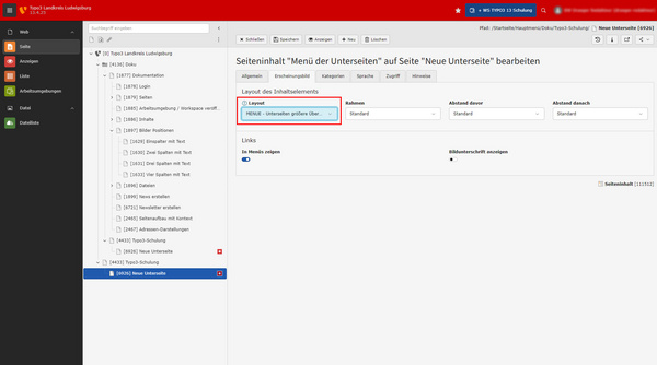 Capture d'écran d'un logiciel de gestion de contenu, affichant une interface de modification pour le menu des sous-pages. On y voit des options concernant la mise en page et les éléments du contenu, telles que "Barrière" et "Langue", avec des cases à cocher et des listes de navigation.