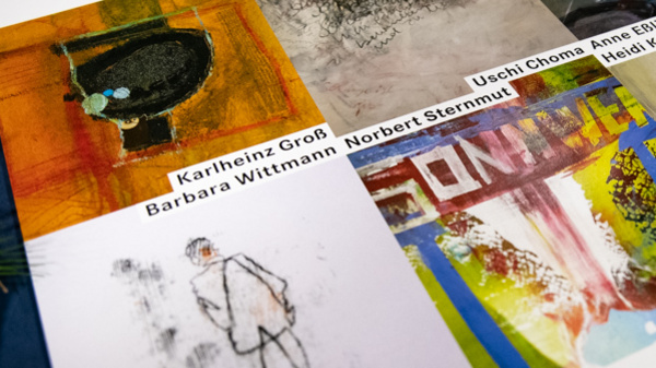 A promotional poster for an art exhibition titled "WERKSCHAU #8," featuring various artworks by multiple artists including Karlheinz Groß, Barbara Wittmann, Norbert Sternmüll, Uschi Chona, Anne Ehninger, and Heidi Kali. The dates of the exhibition are November 28, 2019, to January 14, 2020.