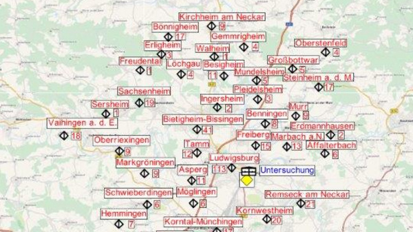 A detailed map showing various locations marked with labels in a geographic region. Key places are highlighted, providing information about towns and cities in the area, with a focus on navigation and orientation.