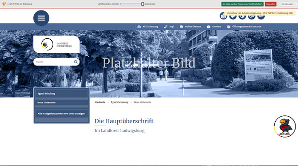 The image displays a web interface for a content management system, specifically Typo3. It features a sidebar with navigation options and a main editing area showing the text "Dringend notwendig" (Urgently needed) alongside related content.