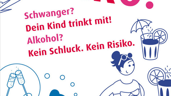 Le visuel présente un message de sensibilisation sur l'alcool pendant la grossesse, illustrant une femme enceinte et des personnes qui s'amusent. Le texte suggère qu'il n'y a pas de consommation d'alcool sans risque pour le bébé. Un QR code invite à découvrir davantage d'informations.