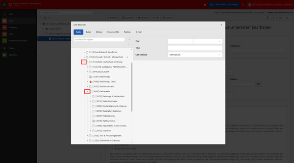 Ein Screenshot des Link-Browsers in TYPO3 zeigt eine Benutzeroberfläche mit Feldern für Zielmaster, Titel und CSS-Klasse. Auf der linken Seite ist eine Baumstruktur mit verschiedenen Seiten und deren Unterseiten, die für die Navigation innerhalb des Systems verwendet werden.